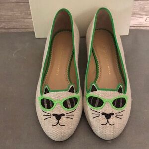 Charlotte Olympia Green and Cream Cat Face Flats